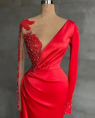 Long Red Satin Evening Dresses, Sheer Neckline Long Sleeve Beaded African High Slit Women Corset Formal Corset Prom Dress outfits, Party Dress Boho