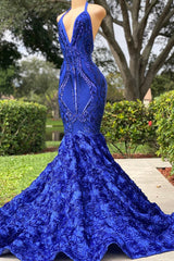 Long Royal Blue Mermaid Corset Prom Dresses V Neck Open Backs outfits, Wedding