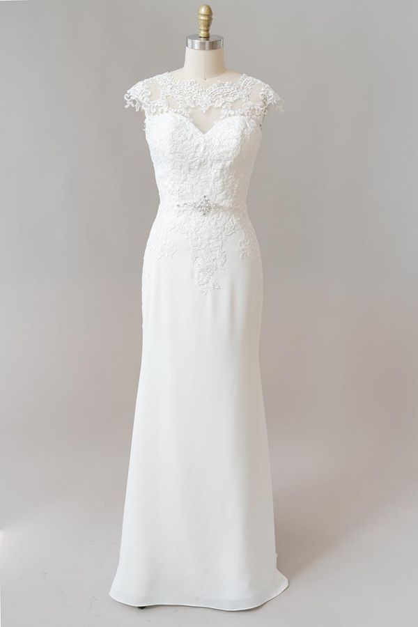 Long Sheath Illusion Lace Corset Wedding Dress with Cap Sleeve Gowns, Weddings Dresses Simple