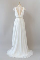 Long Sheath V-neck Lace Chiffon Corset Wedding Dress with Cap Sleeves Gowns, Wedding Dresses Cheaper