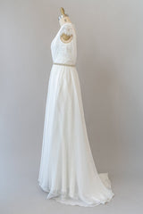 Long Sheath V-neck Lace Chiffon Corset Wedding Dress with Cap Sleeves Gowns, Wedding Dress Cheaper