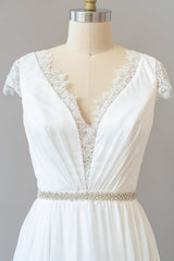 Long Sheath V-neck Lace Chiffon Corset Wedding Dress with Cap Sleeves Gowns, Wedding Dress Cheap