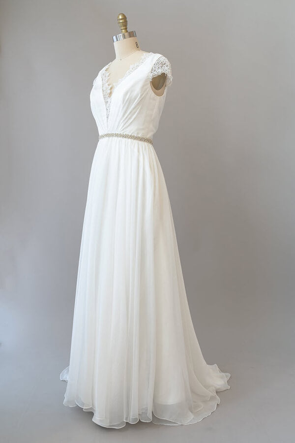 Long Sheath V-neck Lace Chiffon Corset Wedding Dress with Cap Sleeves Gowns, Wedding Dress 2029