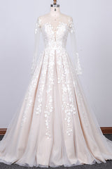 Long Sleeve Appliques Lace Tulle A-line Corset Wedding Dress outfit, Wedding Dress Online Shopping