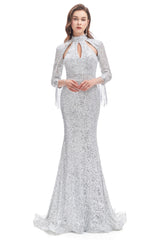 Long Sleeve Mermaid Corset Prom Dresses Silver Sequins Trumpet Gowns, Evening Dress Style