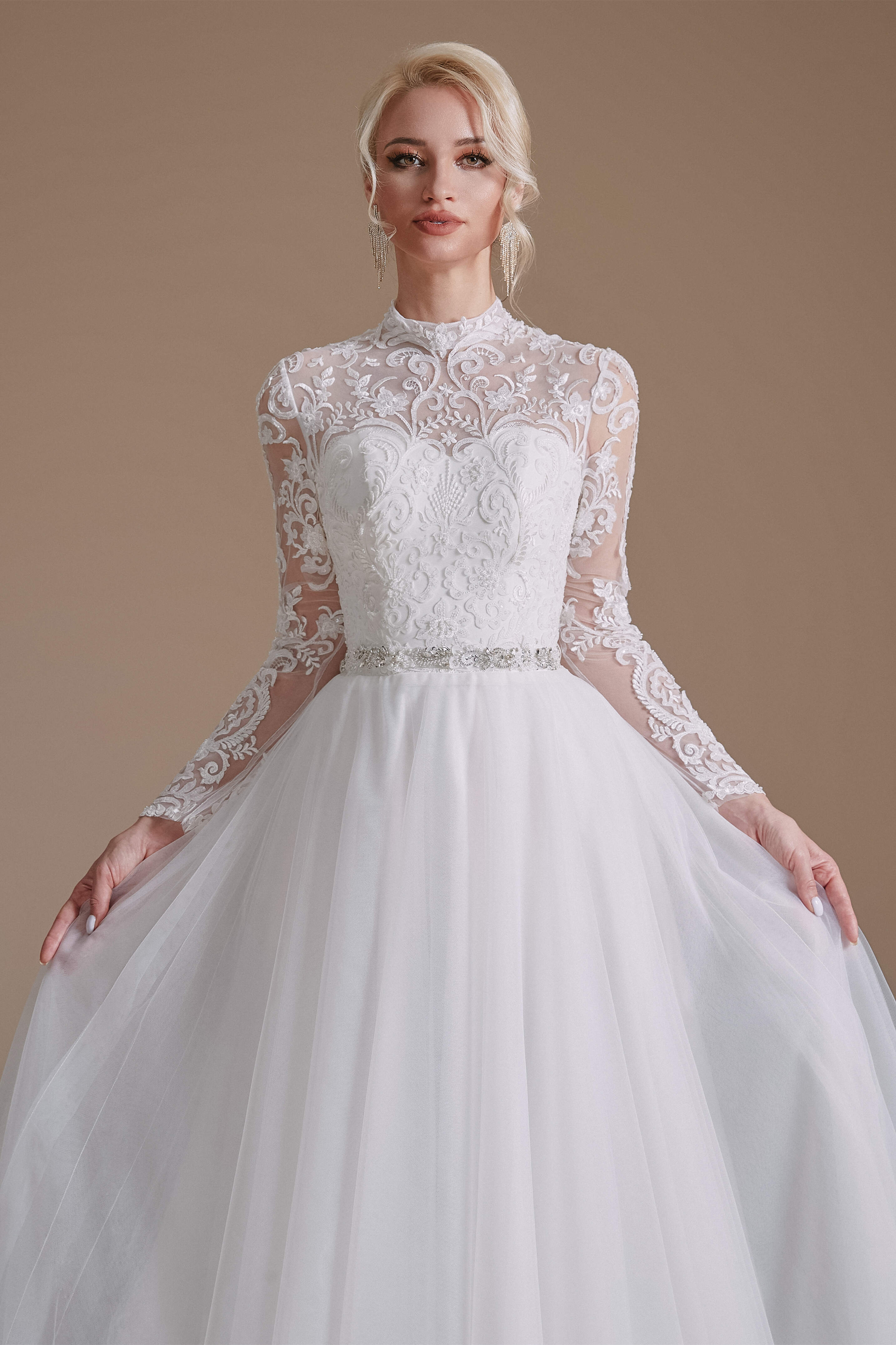 Long Sleeves High Neck with Tulle Train Full A-Line Corset Wedding Dresses outfit, Wedding Dress Casual
