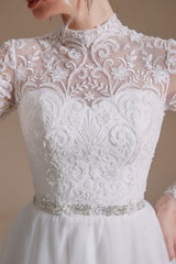 Long Sleeves High Neck with Tulle Train Full A-Line Corset Wedding Dresses outfit, Wedding Dresses Sexy
