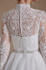 Long Sleeves High Neck with Tulle Train Full A-Line Corset Wedding Dresses outfit, Wedding Dresses Tops