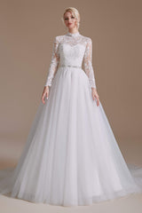 Long Sleeves High Neck with Tulle Train Full A-Line Corset Wedding Dresses outfit, Wedding Dresses Top
