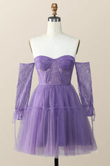 Long Sleeves Purple Lace and Tulle Short Corset Homecoming Dress outfit, Bridal Shoes
