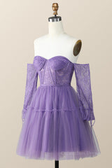 Long Sleeves Purple Lace and Tulle Short Corset Homecoming Dress outfit, Ball Dress
