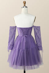 Long Sleeves Purple Lace and Tulle Short Corset Homecoming Dress outfit, Spring Wedding Color
