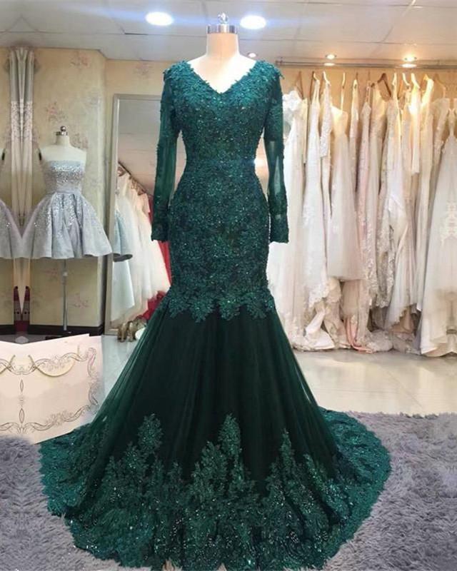Long Sleeves V-neck Lace Corset Prom Mermaid Dresses,Women Evening Dress outfit, Prom Dresses Chicago