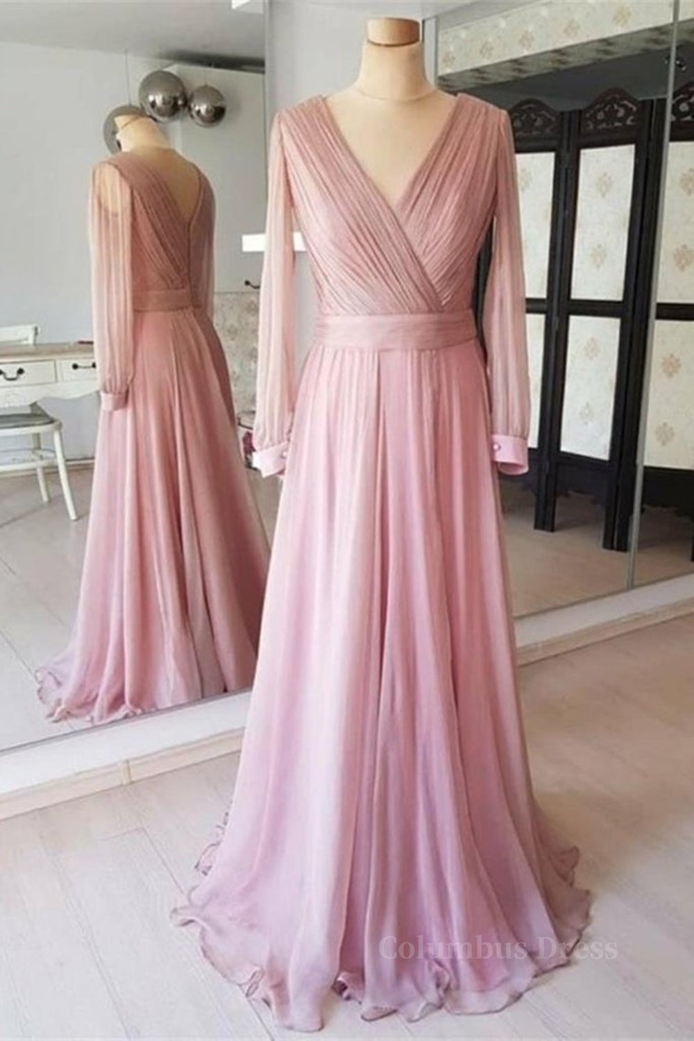 Long Sleeves V Neck Pink Chiffon Long Corset Prom Dress, Long Sleeves Pink Corset Bridesmaid Dress, Pink Corset Formal Evening Dress outfit, Bridesmaid Dress Satin