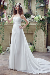 Long Sweetheart A-line White Chiffon Corset Wedding Dresses with Slit Gowns, Wedding Dress Straps