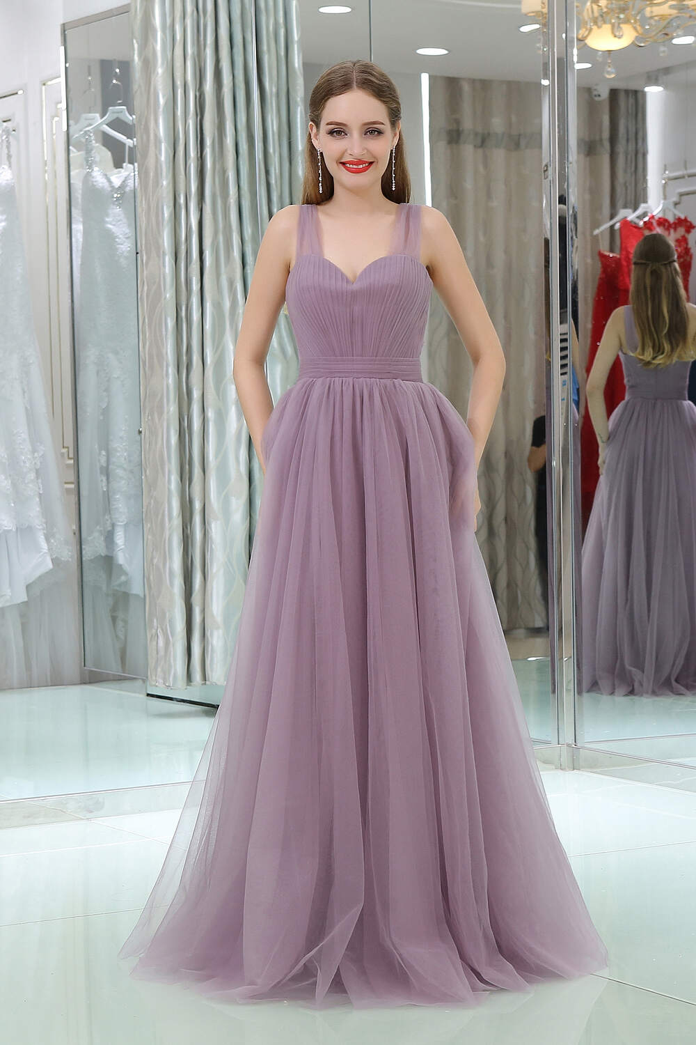 Long Tulle Sweetheart Lavender Sleeveless Lavender Corset Prom Dresses outfit, Bow Dress