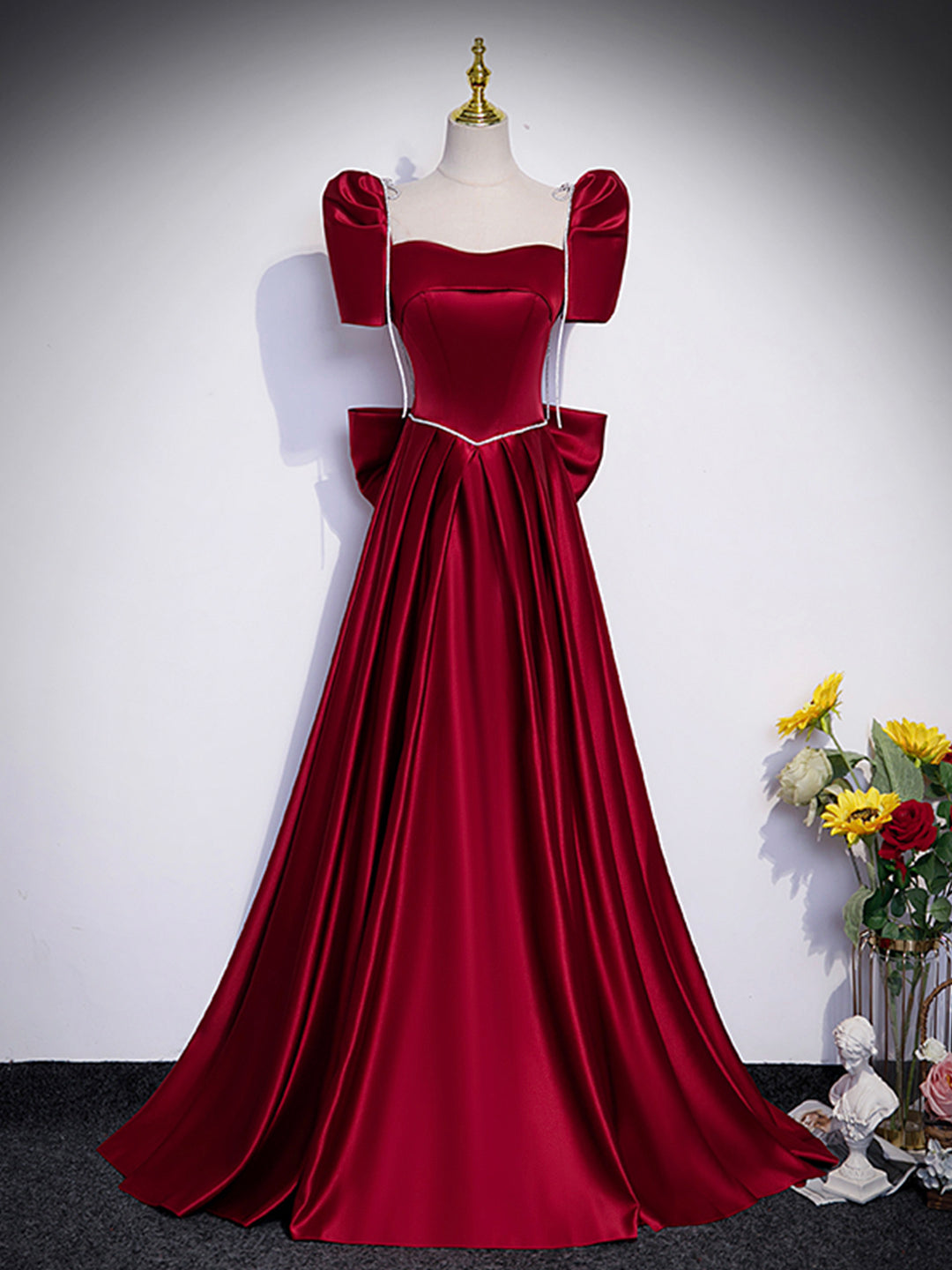 Beautiful Satin Floor Length Corset Prom Dress with Bowknot, Burgundy Short Sleeve Evening Dress outfit, Bridesmaids Dresses Ideas