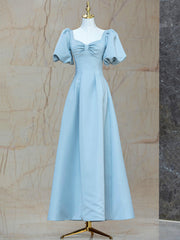 Blue Satin Pearl Long Corset Prom Dress, A-Line Blue Evening Party Dress Outfits, Non Traditional Wedding Dress