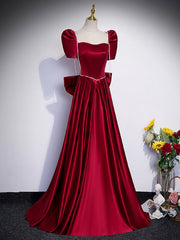 Beautiful Satin Floor Length Corset Prom Dress with Bowknot, Burgundy Short Sleeve Evening Dress outfit, Bridesmaid Dresses Idea