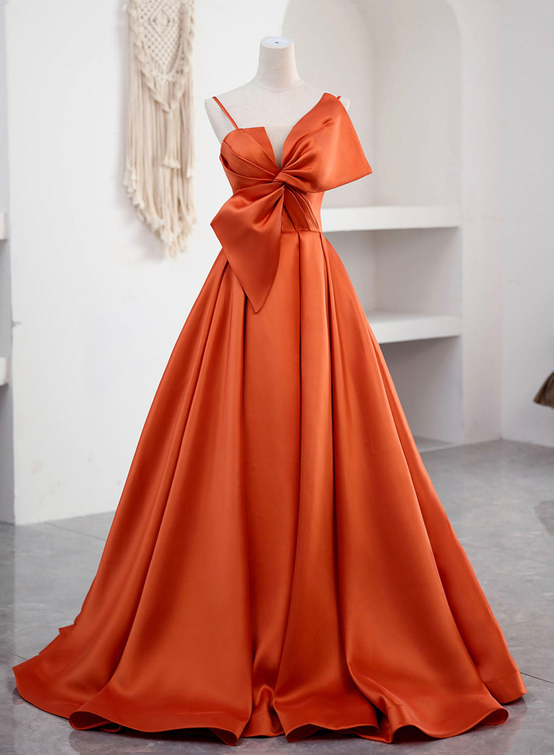 Spaghetti Straps Orange Satin Corset Prom Corset Formal Dress, A-Line Floor Length Evening Dress outfit, Party Dress Aesthetic