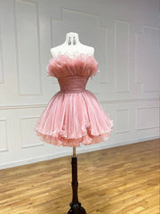 Pink Strapless Tulle Short Corset Prom Dress, Cute A-Line Corset Homecoming Dress outfit, Bridesmaid Dresses Designer