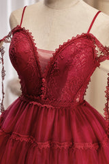 Burgundy Lace Short A-line Corset Prom Dress, Cute Spaghetti Strap Party Dress Outfits, Formal Dresses Lace