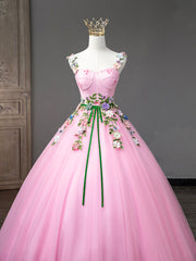 Pink Tulle Flower Long Corset Prom Dresses, Lovely Spaghetti Corset Formal Dresses Sweet 16 Dresses outfit, Bridesmaid Dresses Dark