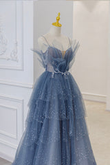 Blue Tulle Layers Straps Beaded Long Corset Prom Dresses, A-Line Evening Dresses outfit, Party Dresses For Short Ladies