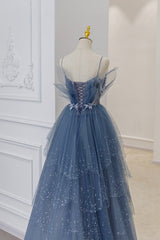 Blue Tulle Layers Straps Beaded Long Corset Prom Dresses, A-Line Evening Dresses outfit, Party Dress Mini