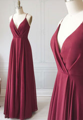 Burgundy Chiffon Long Corset Prom Dress, Simple V-Neck Evening Dress outfit, Dress Prom