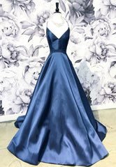 Blue Satin Long A-Line Corset Prom Dress, Simple V-Neck Evening Dress outfit, Silk Wedding Dress