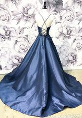 Blue Satin Long A-Line Corset Prom Dress, Simple V-Neck Evening Dress outfit, Winter Formal