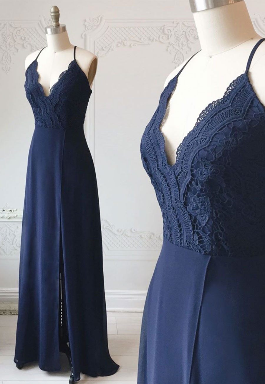 Blue Chiffon Lace Long Corset Prom Dress, Blue A-Line Evening Dress outfit, Bridesmaid Dresses Dusty Rose