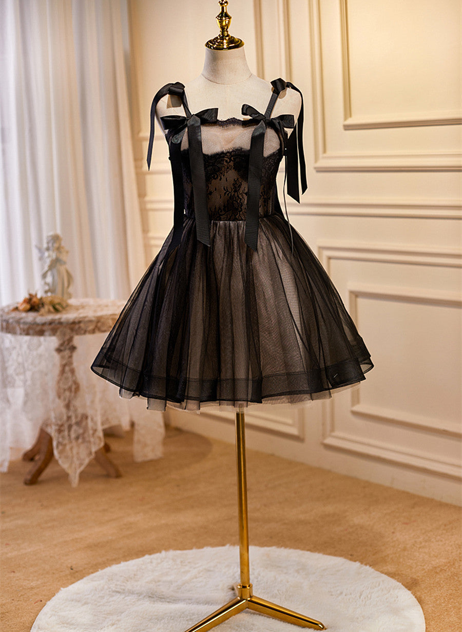 Lovely Black and Champagne Short Tulle Party Dress, A-line Short Corset Homecoming Dress outfit, Bridal Bouquet