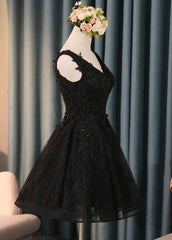 Lovely Black Lace V-neckline Short Corset Homecoming Dress, Black Party Dress Outfits, Evening Dress Black