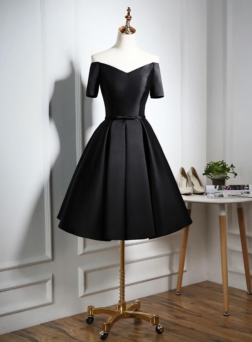Lovely Black Satin Short Corset Prom Dress, Black Party Dress Outfits, Evening Dresses Unique