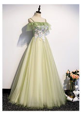 Lovely Flowers Off Shoulder Tulle Long Party Dress, A-line Tulle Light Green Corset Prom Dress outfits, Bridesmaid Dress Champagne