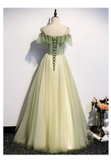 Lovely Flowers Off Shoulder Tulle Long Party Dress, A-line Tulle Light Green Corset Prom Dress outfits, Bridesmaid Dresses Dark