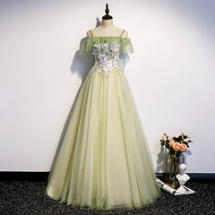 Lovely Flowers Off Shoulder Tulle Long Party Dress, A-line Tulle Light Green Corset Prom Dress outfits, Bridesmaid Dress Dark