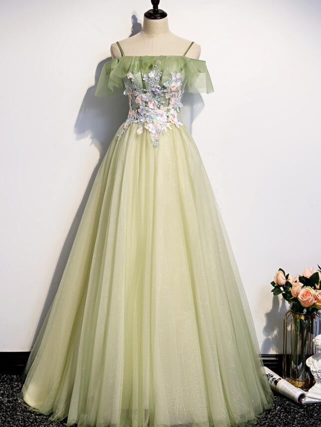 Lovely Flowers Off Shoulder Tulle Long Party Dress, A-line Tulle Light Green Corset Prom Dress outfits, Bridesmaids Dress Champagne