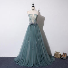 Lovely Green Tulle Lace Top Long Strapless Handmade Corset Prom Dress,Tulle Evening Dress Party Dress Outfits, Bridesmaids Dress With Sleeves