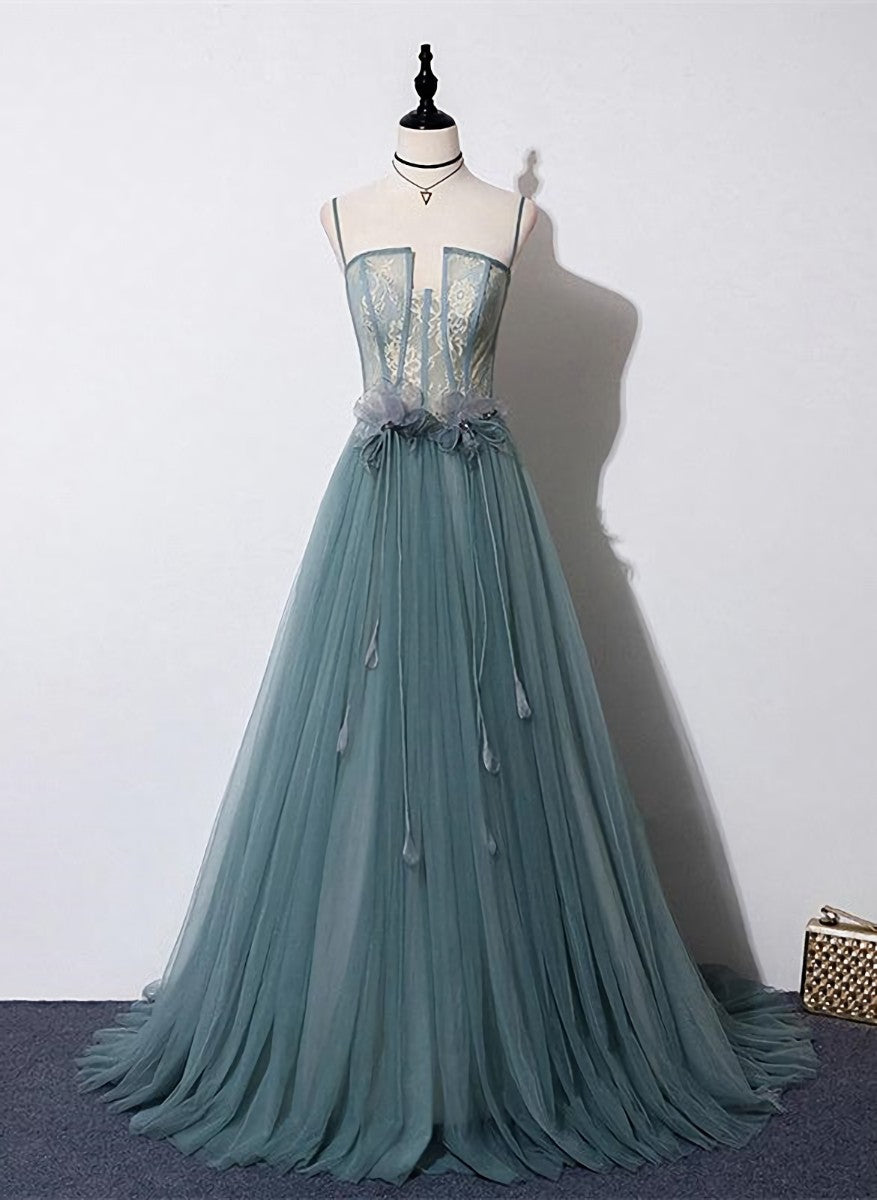 Lovely Green Tulle Lace Top Long Strapless Handmade Corset Prom Dress,Tulle Evening Dress Party Dress Outfits, Bridesmaid Dresses With Sleeve