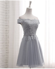 Lovely Grey Short Tulle Party Dress with Lace Applique, Corset Bridesmaid Dresses Cute Corset Formal Dress outfit, Prom Dress Shops Near Me