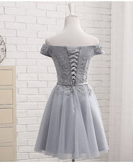 Lovely Grey Short Tulle Party Dress with Lace Applique, Corset Bridesmaid Dresses Cute Corset Formal Dress outfit, Prom Dress Shop Near Me