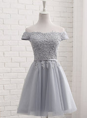 Lovely Grey Short Tulle Party Dress with Lace Applique, Corset Bridesmaid Dresses Cute Corset Formal Dress outfit, Prom Dress Shopping Near Me