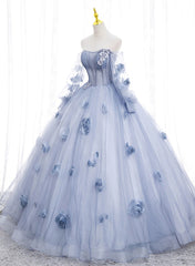 Lovely Light Blue Tulle Long Sleeves Sweet 16 Dress, Light Blue Flowers Corset Formal Dress. outfit, Gold Prom Dress