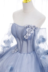 Lovely Light Blue Tulle Long Sleeves Sweet 16 Dress, Light Blue Flowers Corset Formal Dress. outfit, Prom Dress For Kids