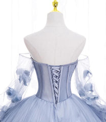 Lovely Light Blue Tulle Long Sleeves Sweet 16 Dress, Light Blue Flowers Corset Formal Dress. outfit, Dream