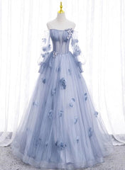 Lovely Light Blue Tulle Long Sleeves Sweet 16 Dress, Light Blue Flowers Corset Formal Dress. outfit, Maxi Dress