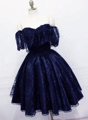 Lovely Navy Blue Lace Short Off Shoulder Corset Prom Dress, Navy Blue Lace Corset Homecoming Dresses outfit, Black Dress